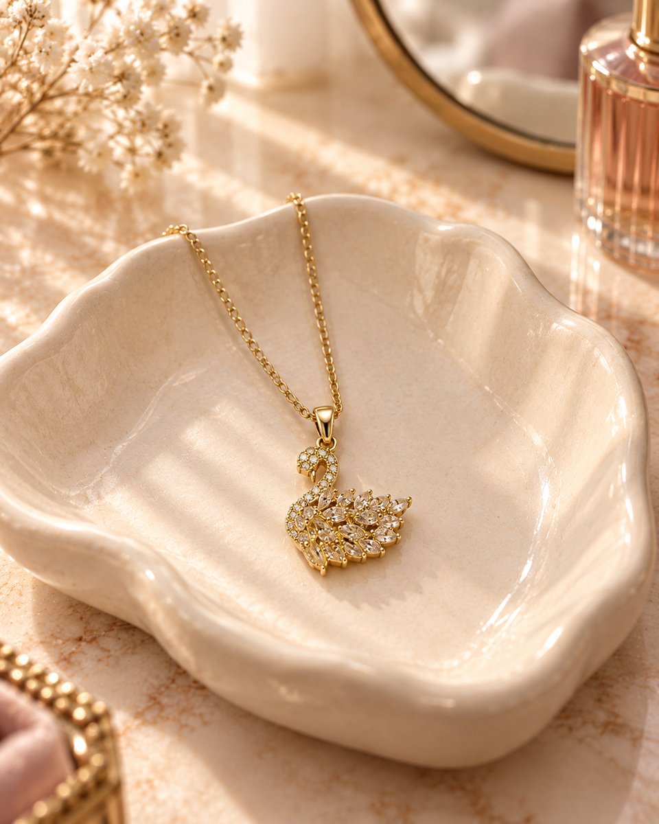 Beyaz Taşlı Kuğu Kolye (Gold) görsel 2
