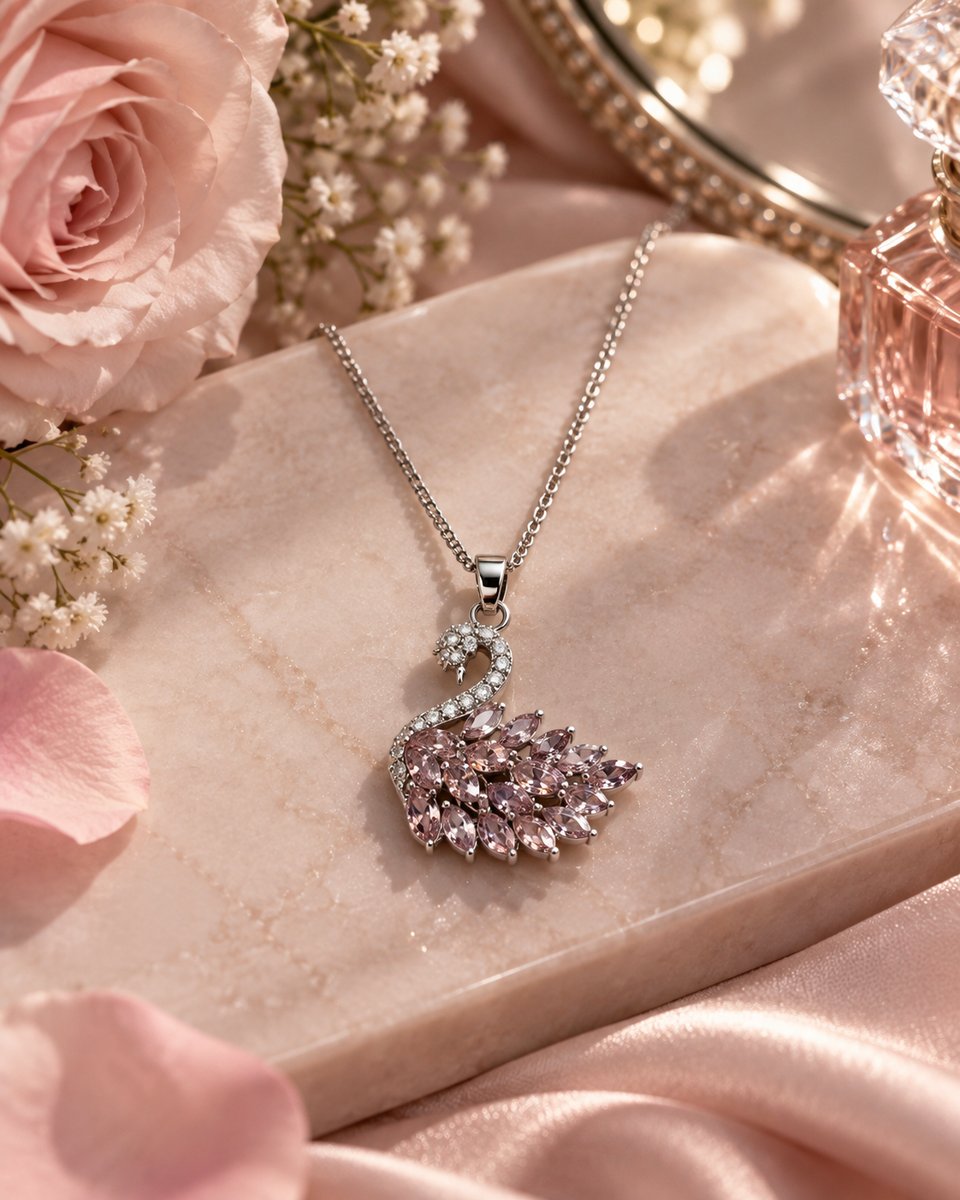 Pembe Taşlı Kuğu Kolye (Silver) görsel 3